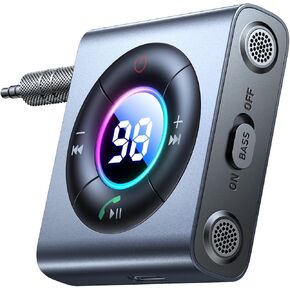 Bluetooth 5.4 Car Adapter [2024 Dual Mics Noise Cancelling] Bluetooth Aux Adapter for Car [HiFi Bass Sound & Easy Connection]Bluetooth Adapter Receiver for Car Music/Hands-Free Calls, 26H Battery Life