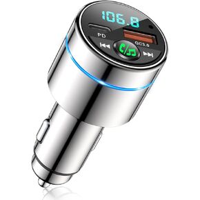 FM Transmitter for Car Bluetooth 5.3, [All-Metal] PD 30W & QC3.0 18W Fast Car Charger, Wireless FM Radio Car Kit Bluetooth Car Adapter, Noise Cancelling Hands-Free Call, Blue Light - Black