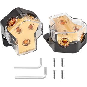 NuIth 2-Way Copper Power Distribution Block, 0/2/4 Gauge in 4/8 Gauge Out Auto Car Audio Distribution Connecting Block, 2 Way Ground Distribution Block Copper for Audio Amplifier Splitter, 2PCS