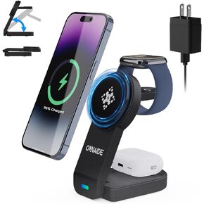 Magnetic Wireless Charger 3 in 1, Mag-Safe Wireless Charging Station Foldable for iPhone 16/15/14/13/12 Series,for Apple Watch Ultra2/Ultra/SE 2/SE/10/9/8/7/6/5,for AirPods Pro2/Pro/4/3 - Black