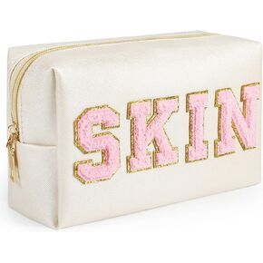 besharppin Large Capacity Travel Cosmetic Bag, Synthetic Leather Open Flat Makeup Bag for Women Letter Toiletry Bag with Dividers and Handle