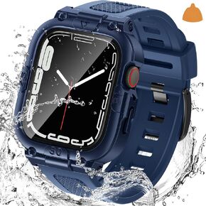 Goton 3 in 1 Waterproof Case and Band with Tempered Glass Screen Protector for Apple Watch Series 9 8 7 6 5 4 SE2 SE Ultra 44mm 40mm 45mm 41mm 49mm, Bumper Cover for iWatch Accessories