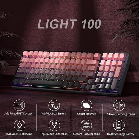 MageGee LIGHT100 Wireless Creamy Keyboard, 96% Gasket Hot Swappable Custom Mechanical Keyboard, Tri-Mode 2.4G/USB-C/BT5.0 RGB Backlit Gaming Keyboard for Win/Mac/PC, 8000mAh Battery, PBT Keycaps, Blue in Saudi Arabia