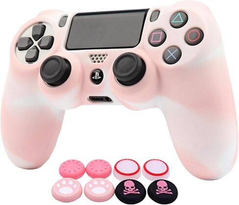 جلود وحدة التحكم الوردية RALAN لجهاز PS4، واقي غطاء وحدة التحكم من السيليكون المتوافق مع وحدة التحكم PS4 Slim/PS4 Pro (قبضة الإبهام الوردية × 6، قبضة غطاء الجمجمة × 2) (مموه + أبيض in Kuwait
