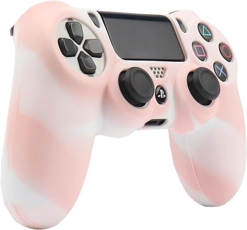 جلود وحدة التحكم الوردية RALAN لجهاز PS4، واقي غطاء وحدة التحكم من السيليكون المتوافق مع وحدة التحكم PS4 Slim/PS4 Pro (قبضة الإبهام الوردية × 6، قبضة غطاء الجمجمة × 2) (مموه + أبيض in Kuwait