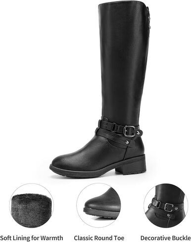 DREAM PAIRS Women's Knee High Buckle Riding Boots | Cozy Warm Faux Fur Lining,Fall Winter Boots,Wide Calf,1.25" Low Block Heel,Zipper,Faux Leather in Kuwait