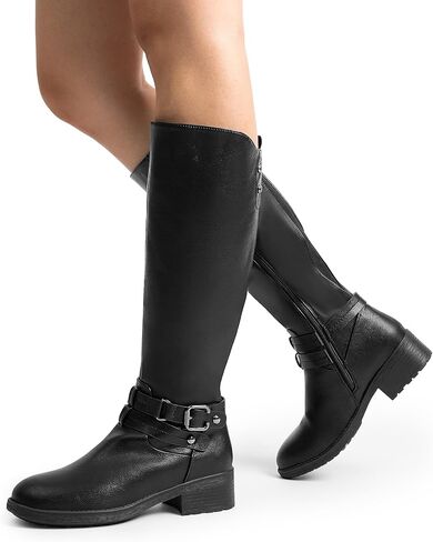 DREAM PAIRS Women's Knee High Buckle Riding Boots | Cozy Warm Faux Fur Lining,Fall Winter Boots,Wide Calf,1.25" Low Block Heel,Zipper,Faux Leather in Kuwait