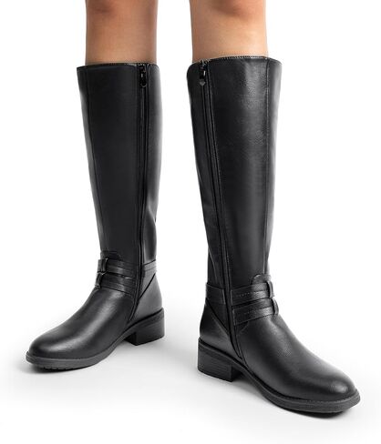 DREAM PAIRS Women's Knee High Buckle Riding Boots | Cozy Warm Faux Fur Lining,Fall Winter Boots,Wide Calf,1.25" Low Block Heel,Zipper,Faux Leather in Kuwait