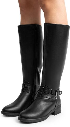 DREAM PAIRS Women's Knee High Buckle Riding Boots | Cozy Warm Faux Fur Lining,Fall Winter Boots,Wide Calf,1.25" Low Block Heel,Zipper,Faux Leather in Kuwait