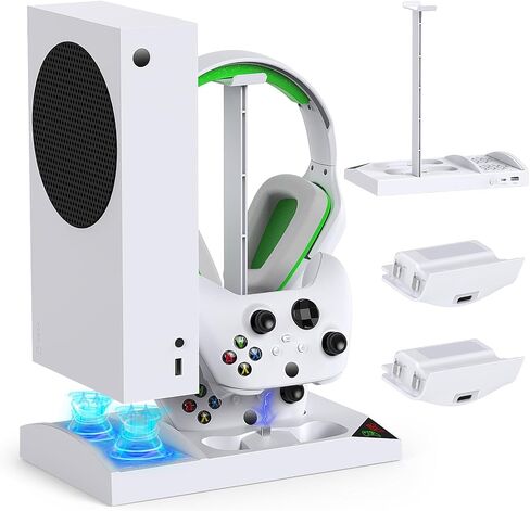 Cooling Fan with Charging Stand for Xbox Series S Console and Controller | Dual Charger Dock Accessories with 2 x 1400mAh Rechargeable Battery and Cover, Headphone Mount for Xbox Series S, White in Saudi Arabia