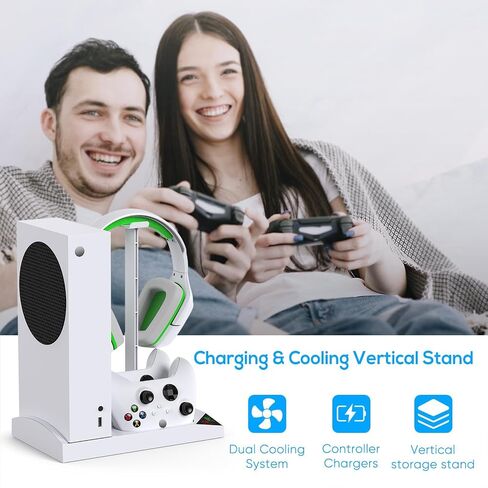Cooling Fan with Charging Stand for Xbox Series S Console and Controller | Dual Charger Dock Accessories with 2 x 1400mAh Rechargeable Battery and Cover, Headphone Mount for Xbox Series S, White in Saudi Arabia