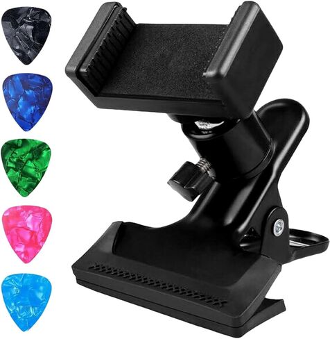 حامل هاتف جيتار مع 5 مجموعة من اختيارات الجيتار، حامل قوي على شكل القيثارة أو هاتف الجيتار - ملحقات وهدايا مثالية للجيتار لعازفي الجيتار، حامل هاتف عالمي للجيتار والقيثارة in Kuwait