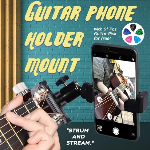 حامل هاتف جيتار مع 5 مجموعة من اختيارات الجيتار، حامل قوي على شكل القيثارة أو هاتف الجيتار - ملحقات وهدايا مثالية للجيتار لعازفي الجيتار، حامل هاتف عالمي للجيتار والقيثارة in Kuwait