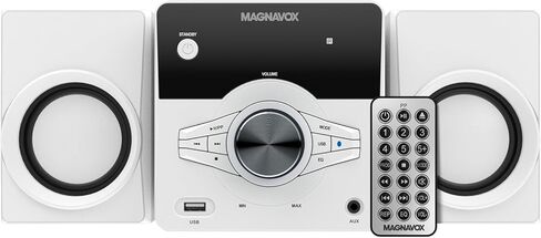 نظام رفوف الأقراص المضغوطة Magnavox MM442 المكون من 3 قطع مع راديو ستيريو رقمي PLL FM وتقنية Bluetooth اللاسلكية وجهاز التحكم عن بعد باللون الأسود | الأضواء الزرقاء | شاشة LED | متوافق مع منفذ AUX | in Kuwait