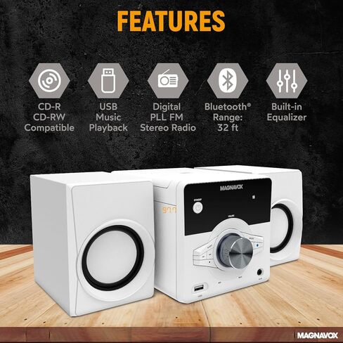 نظام رفوف الأقراص المضغوطة Magnavox MM442 المكون من 3 قطع مع راديو ستيريو رقمي PLL FM وتقنية Bluetooth اللاسلكية وجهاز التحكم عن بعد باللون الأسود | الأضواء الزرقاء | شاشة LED | متوافق مع منفذ AUX | in Kuwait