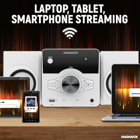 نظام رفوف الأقراص المضغوطة Magnavox MM442 المكون من 3 قطع مع راديو ستيريو رقمي PLL FM وتقنية Bluetooth اللاسلكية وجهاز التحكم عن بعد باللون الأسود | الأضواء الزرقاء | شاشة LED | متوافق مع منفذ AUX | in Kuwait