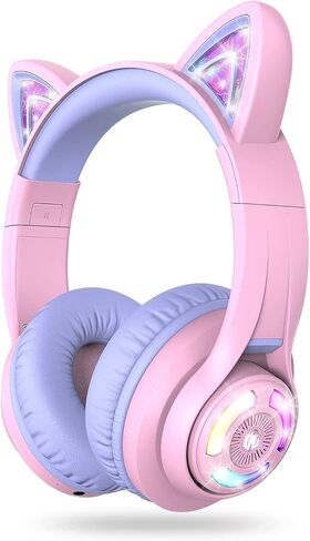 iClever Cat Ear Kids Bluetooth Headphones, LED Lights Up, 74/85/94dB Volume Limited, 50H Playtime,Bluetooth 5.2, USB C, Kids Headphones Wireless for Travel iPad Tablet, Meow Macaron (Pink) in Saudi Arabia