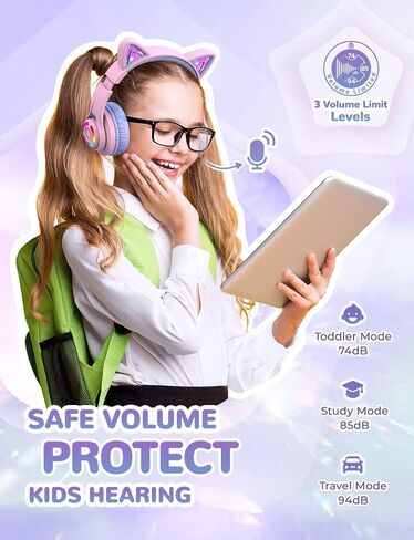 iClever Cat Ear Kids Bluetooth Headphones, LED Lights Up, 74/85/94dB Volume Limited, 50H Playtime,Bluetooth 5.2, USB C, Kids Headphones Wireless for Travel iPad Tablet, Meow Macaron (Pink) in Saudi Arabia