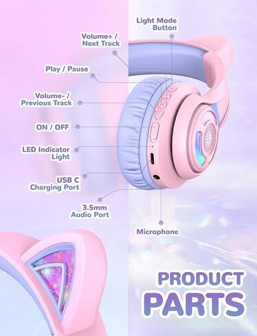 iClever Cat Ear Kids Bluetooth Headphones, LED Lights Up, 74/85/94dB Volume Limited, 50H Playtime,Bluetooth 5.2, USB C, Kids Headphones Wireless for Travel iPad Tablet, Meow Macaron (Pink) in Saudi Arabia