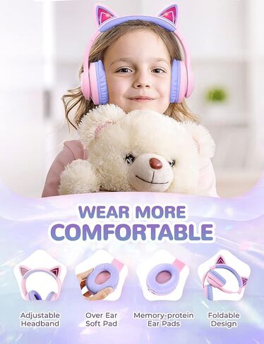 iClever Cat Ear Kids Bluetooth Headphones, LED Lights Up, 74/85/94dB Volume Limited, 50H Playtime,Bluetooth 5.2, USB C, Kids Headphones Wireless for Travel iPad Tablet, Meow Macaron (Pink) in Saudi Arabia