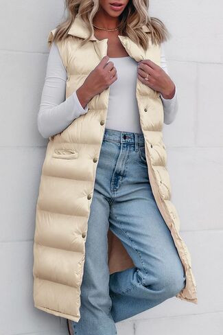 PRETTYGARDEN Women's Fall Long Puffer Vest Collared Sleeveless Button Down Warm Jackets Coat Casual Trendy Winter Outerwear in Saudi Arabia