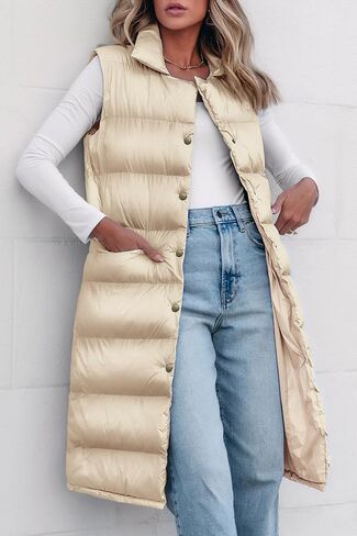 PRETTYGARDEN Women's Fall Long Puffer Vest Collared Sleeveless Button Down Warm Jackets Coat Casual Trendy Winter Outerwear in Saudi Arabia