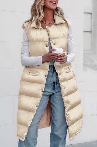 PRETTYGARDEN Women's Fall Long Puffer Vest Collared Sleeveless Button Down Warm Jackets Coat Casual Trendy Winter Outerwear in Saudi Arabia