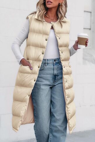 PRETTYGARDEN Women's Fall Long Puffer Vest Collared Sleeveless Button Down Warm Jackets Coat Casual Trendy Winter Outerwear in Saudi Arabia