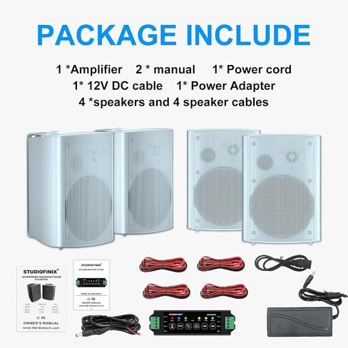 STUDIOFINIX 800W 6.5 Inch Bluetooth Outdoor Speakers Waterproof Wired with Multifunctional Amplifier Wall Mount Weatherproof Loudspeaker System for Patio Garden Poolside Home(4 Speakers,White) in Kuwait