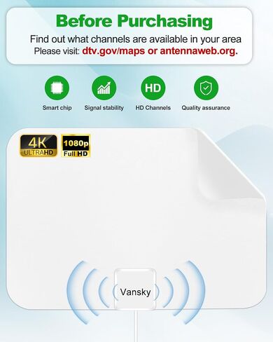 TV Antenna Indoor, Digital Amplified Indoor HDTV Antenna, 1080p VHF UHF Television Local Channels Detachable Signal Amplifier and 16.5ft Long Coax Cable in Kuwait