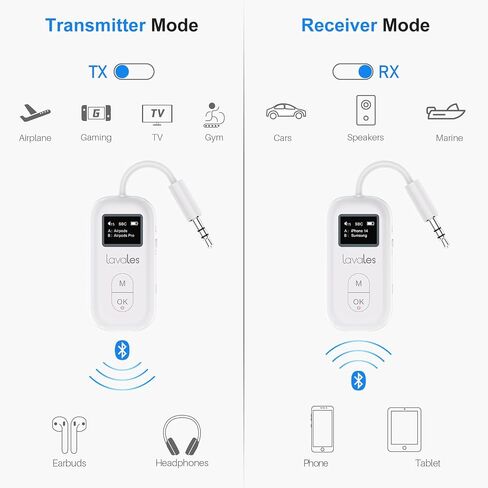 جهاز إرسال واستقبال بلوتوث SafeFly Pro 5.3 محول صوت بلوتوث مع شاشة لما يصل إلى 2 سماعات بلوتوث؛ يُستخدم مع أي مقبس 3.5 مم على الطائرات وأجهزة التلفاز وأجهزة iPad/الأجهزة اللوحية ومكبرات الصوت والسيارات in Saudi Arabia