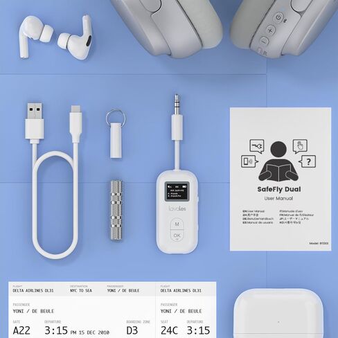 جهاز إرسال واستقبال بلوتوث SafeFly Pro 5.3 محول صوت بلوتوث مع شاشة لما يصل إلى 2 سماعات بلوتوث؛ يُستخدم مع أي مقبس 3.5 مم على الطائرات وأجهزة التلفاز وأجهزة iPad/الأجهزة اللوحية ومكبرات الصوت والسيارات in Saudi Arabia