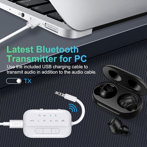 Bluetooth Transmitter Receiver, 2-in-1 V5.3 Wireless Adapter for Airplane, TV, PC, Gym, Switch. Supports up to 2 AirPods/Headphones. Audio Receiver for Car/Home Stereo,with AptX Low Latency & HD in Kuwait