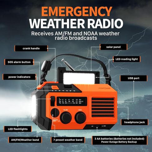 راديو الطقس للطوارئ FosPower (موديل A6) NOAA/AM/FM مع بنك طاقة محمول بقدرة 19240 ميجاوات في الساعة، شحن USB/طاقة شمسية/كرنك يدوي، يعمل بالبطارية، إنذار SOS ومصباح يدوي للطوارئ الداخلية والخارجية - برتقالي in Saudi Arabia