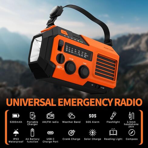 راديو الطقس للطوارئ FosPower (موديل A6) NOAA/AM/FM مع بنك طاقة محمول بقدرة 19240 ميجاوات في الساعة، شحن USB/طاقة شمسية/كرنك يدوي، يعمل بالبطارية، إنذار SOS ومصباح يدوي للطوارئ الداخلية والخارجية - برتقالي in Saudi Arabia