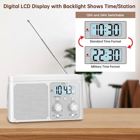 DreamSky AM FM Radio Portable - Shortwave Radio Battery Powered or Plug in Wall for Home Outdoor, Strong Reception, Large Dial Easy to Use, Digital Time Display, Transistor Antenna, Seniors Small Gfit in Kuwait