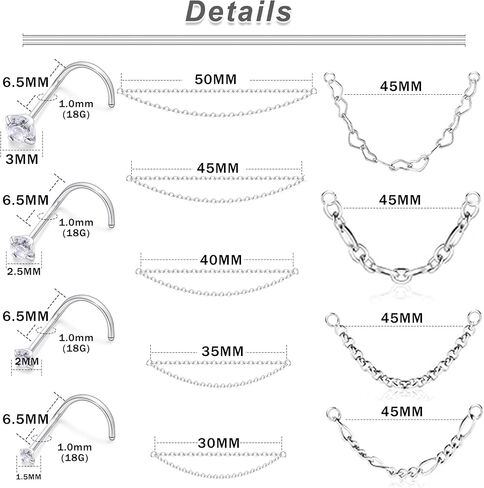 20/18G Nose Rings Chain Across Nose Piercings for Women Men Surgical Steel Double Chains Corkscrew l Shaped Bar in Kuwait
