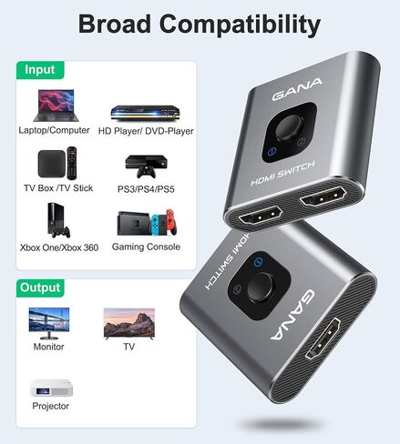 HDMI Switch 4k@60hz Splitter, GANA Aluminum Bidirectional HDMI Switcher 2 in 1 Out, Manual HDMI Hub Supports HD Compatible with Xbox PS5/4/3 Blu-Ray Player Fire Stick Roku in Saudi Arabia