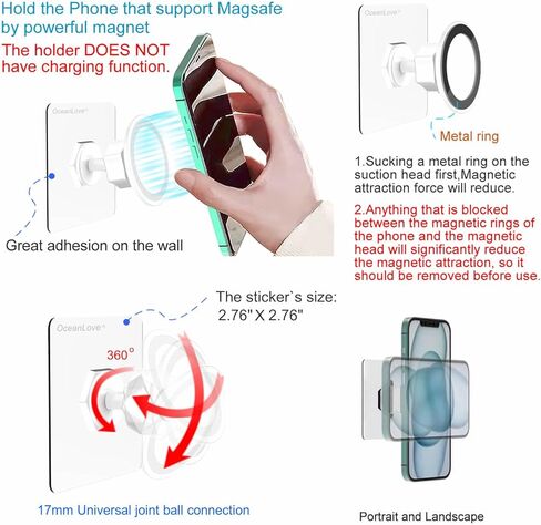 OCEANLOVE for MagSafe Wall Mount Magnetic Phone Holder, Self-Adhesive, Rotatable Ball, Waterproof, Compatible with iPhone 16/15/14/13/12 and All Phones, Shower Mirror Car Gym Bathroom Kitchen (Black) in Kuwait