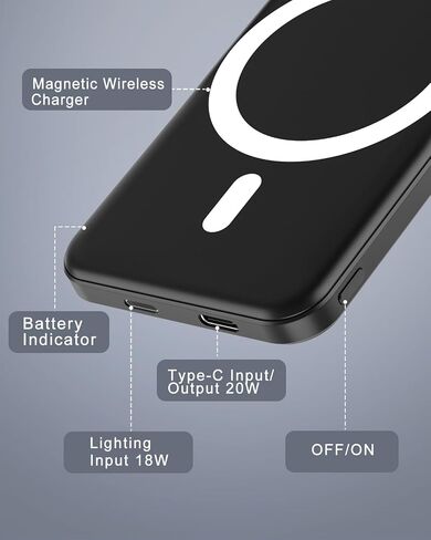 podoru for Magsafe Battery Pack, 5000mAh Magnetic Power Bank with Type-C Cable 20W PD Fast Charging Lighting Input Wireless Portable Charger for iPhone 16/15/14/13/12/ All Series-Black in Saudi Arabia