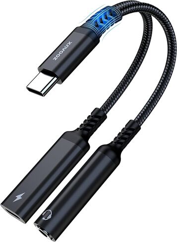 ZOOAUX USB C to 3.5mm Headphone and Charger Adapter,2 in 1 USB C to Aux Audio Jack with PD 60W Fast Charging Dongle Cable Cord for Galaxy S23/S22/S21/S20 Ultra, iPad Pro,Pixel(Black) in Kuwait