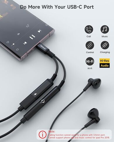 ZOOAUX USB C to 3.5mm Headphone and Charger Adapter,2 in 1 USB C to Aux Audio Jack with PD 60W Fast Charging Dongle Cable Cord for Galaxy S23/S22/S21/S20 Ultra, iPad Pro,Pixel(Black) in Kuwait