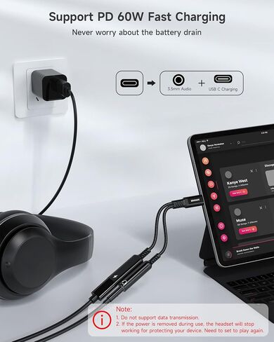 ZOOAUX USB C to 3.5mm Headphone and Charger Adapter,2 in 1 USB C to Aux Audio Jack with PD 60W Fast Charging Dongle Cable Cord for Galaxy S23/S22/S21/S20 Ultra, iPad Pro,Pixel(Black) in Kuwait