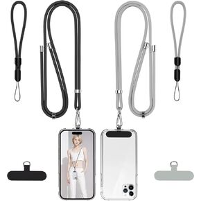 takyu Phone Lanyard, 2 Pack Adjustable Cell Phone Lanyard Crossbody Neck Strap & 2 Pack Phone Wrist Strap with Tether Tabs Compatible for iPhone Android Smartphones-Black Grey
