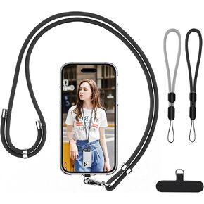 takyu Phone Lanyard, 2 Pack Adjustable Cell Phone Lanyard Crossbody Neck Strap & 2 Pack Phone Wrist Strap with Tether Tabs Compatible for iPhone Android Smartphones-Black Grey