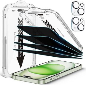 EZ-GLAZ-4 Pack Privacy Screen Protector for iPhone 15[6.1 inches] With 2 Pack Camera Lens Protector, [Drop Protection] 9H Hardness Scratch Resistant Tempered Glass Film, Easy to install