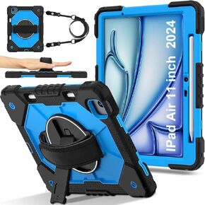for iPad Air 11 inch (M2) 2024, for iPad Air 6th Generation Case, Shockproof Protective Case with 360° Rotate Kickstand/Hand Strap/Shoulder Strap Case,Red+Black