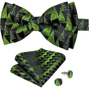 DiBanGu Christmas Pretied Bow ties for Men Silk Bowtie Set with Pocket Square Cufflinks
