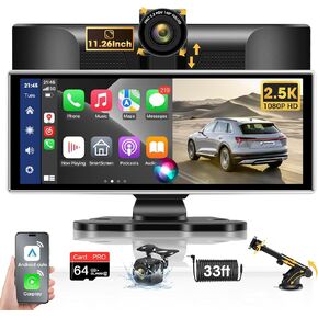 2024 Exclusive 11.26'' Portable Wireless Apple CarPlay Screen for Car & Android Auto Car Stereo, 2.5K Dash Cam 1080P Backup Camera Car Audio Receivers/GPS Navigation/Voice Control for All Vehicles