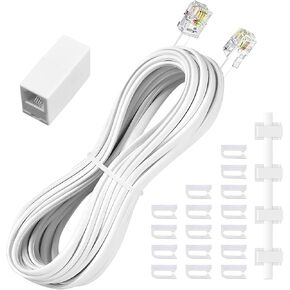 Phone extension Cord 25 Ft, Telephone Cable with Standard RJ11 Plug and 1 in-Line Couplers and 20 Cable Clip Holders, White